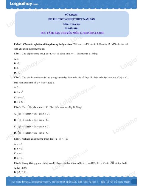 Đề thi Toán THPT năm 2026 (Mã 101) - có lời giải chi tiết